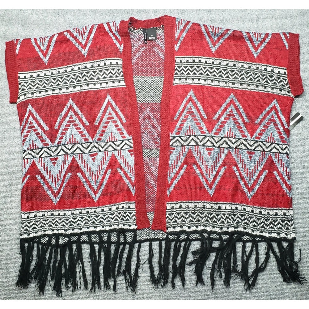 New Directions Sweater Womens M Red Aztec Print Fringe Open Front Cardigan New